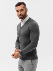 Sweter męski z białym kołnierzykiem - grafitowy V3 E120 - L. Szare swetry męskie Ombre Clothing, l, bez wzorów, z bawełny, klasyczne, bez kołnierzyka, bez ramiączek. W wyprzedaży za 69.99 zł.
