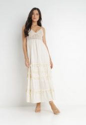 Jasnobeżowa Sukienka Dorassa. Brązowe sukienki damskie Born2be, m, bez wzorów, z bawełny, boho, bez kołnierzyka, bez ramiączek, maxi, rozkloszowane. Za 199.99 zł.