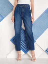 Jeansy paperbag - granatowy. Niebieskie jeansy damskie Sinsay, bez wzorów, z bawełny. W wyprzedaży za 45.99 zł.