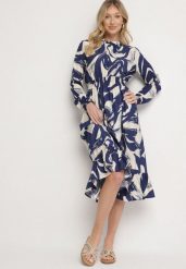 Granatowa Rozkloszowana Sukienka z Bawełną w Abstrakcyjny Wzór Silsedi. Niebieskie sukienki damskie Born2be, na co dzień, m, bez wzorów, z bawełny, eleganckie, bez kołnierzyka, bez ramiączek, midi, rozkloszowane. Za 89.99 zł.