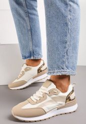 Ciemnobeżowe Sznurowane Sneakersy z Materiałowymi Wstawkami Aneril. Brązowe obuwie sportowe damskie Renee, bez wzorów, z materiału, bez zapięcia. Za 79.99 zł.