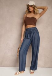 Granatowe Spodnie z Bawełny High Waist z Gumką i Wiązaniem w Talii Lisadriela. Niebieskie spodnie materiałowe damskie Renee, na lato, bez wzorów, z bawełny, eleganckie, z podwyższonym stanem. Za 44.99 zł.
