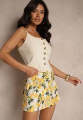 Beżowe Spódnico-Szorty High Waist z Motywem Cytryn Nitiria. Brązowe szorty damskie Renee, z aplikacjami, eleganckie, z podwyższonym stanem. Za 84.99 zł.