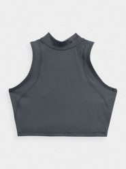 4F Crop-top do biegania szybkoschnący damski XL. Szare topy damskie 4F, xl, bez wzorów, z dzianiny, bez kołnierzyka, bez ramiączek. W wyprzedaży za 29.99 zł.