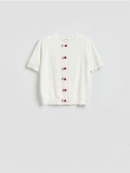 Kardigan z ozdobnymi guzikami - biały. Białe kardigany damskie Reserved, l, bez wzorów, z dzianiny, bez kołnierzyka. Za 139.99 zł.