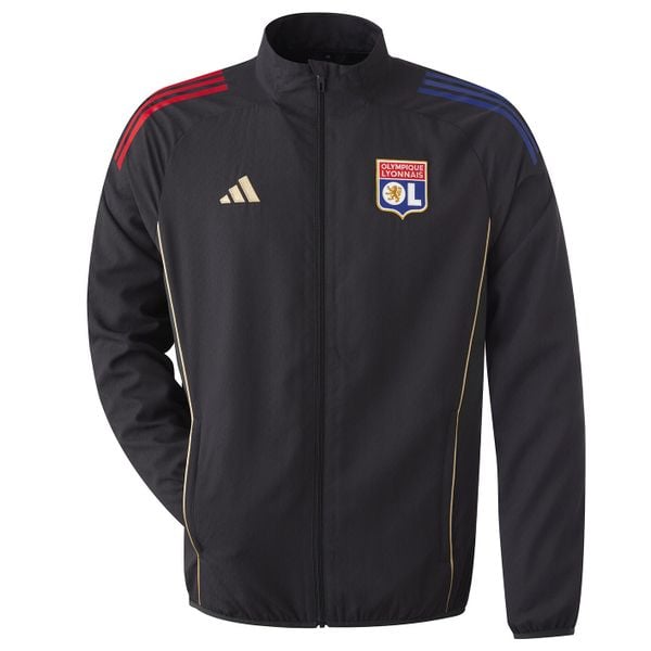 Kurtka dresowa Prematch OL 2025/26. Czarne kurtki męskie Adidas, bez wzorów, z dresówki, sportowe, bez kaptura. Za 360.35 zł.