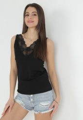 Czarny Top Bawełniany z Koronką Tylaia. Czarne topy damskie Born2be, l, z aplikacjami, z bawełny, bez kołnierzyka, bez ramiączek. Za 29.99 zł.