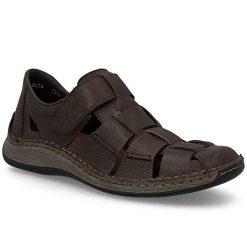 Skórzane półbuty męskie ażurowe brązowe Rieker 05281-25. Brązowe półbuty męskie Rieker, w ażurowe wzory, ze skóry, bez obcasa, bez zapięcia. Za 369.00 zł.