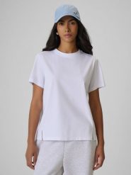 4F T-shirt regular gładki damski - biały S. Białe t-shirty damskie 4F, s, bez wzorów, z materiału, bez kołnierzyka, bez ramiączek. Za 79.99 zł.