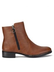 Rieker Botki 73450-22 Brązowy. Brązowe botki damskie Rieker, bez wzorów, ze skóry, bez obcasa, na płaskiej podeszwie, bez zapięcia. Za 271.00 zł.