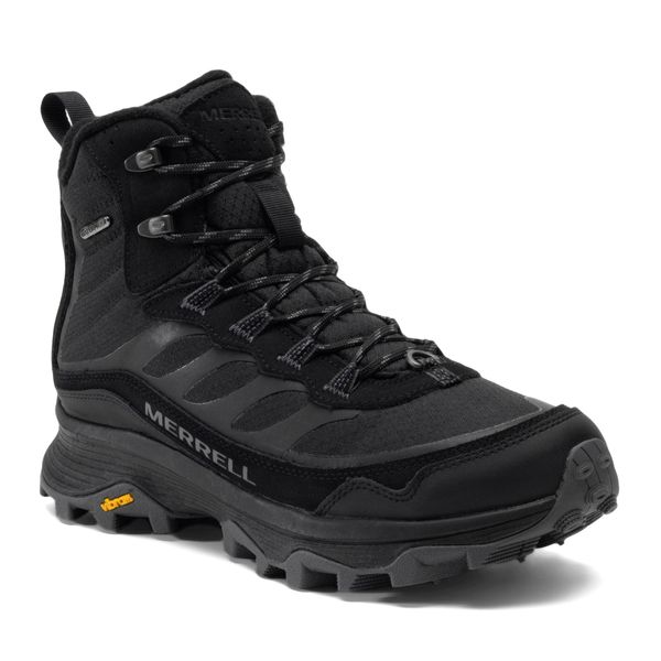Buty turystyczne męskie Merrell Moab Speed Thermo Mid WP. Czarne buty zimowe męskie Merrell, bez wzorów, bez obcasa, bez zapięcia. Za 629.99 zł.