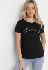 Czarny Bawełniany T-shirt z Ozdobnym Napisem Virretis. Czarne t-shirty damskie Born2be, m, bez wzorów, z bawełny, klasyczne, bez kołnierzyka, bez ramiączek. Za 34.99 zł.