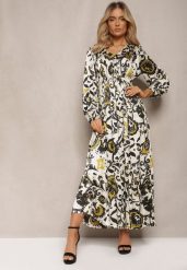 Beżowo-Zielona Długa Sukienka z Satyny z Gumką w Pasie i Ornamentalnym Printem Anoitia. Zielone sukienki damskie Renee, na co dzień, l, bez wzorów, z jeansu, boho, bez kołnierzyka, bez ramiączek, maxi, proste. Za 139.99 zł.