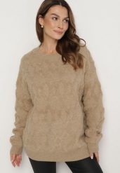 Ciemnobeżowy Sweter o Luźnym Kroju i Wzorzystym Splocie ze Ściągaczami Elondrae. Brązowe swetry nierozpinane damskie Born2be, uniwersalny, bez wzorów, z bawełny, eleganckie, bez kołnierzyka, bez ramiączek. Za 149.99 zł.