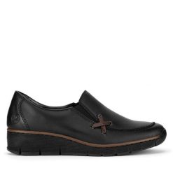 Półbuty Rieker. Czarne półbuty damskie Rieker, bez wzorów, bez obcasa, na płaskiej podeszwie, bez zapięcia. Za 329.99 zł.