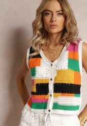 Biało-Żółty Top z Bawełnianej Dzierganej Tkaniny Zapinany na Guziki Kawayne. Białe topy damskie Renee, bez wzorów, z bawełny, boho, bez kołnierzyka, bez ramiączek. Za 69.99 zł.