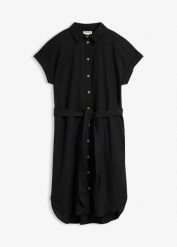 Sukienka szmizjerka z lnem i paskiem. Czarne sukienki damskie bonprix, bez wzorów, z wiskozy, eleganckie, bez kołnierzyka, bez ramiączek, szmizjerki. Za 109.99 zł.