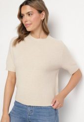 Beżowy Sweter z Wełną z Krótkim Rękawem Dannoria. Brązowe swetry nierozpinane damskie Born2be, uniwersalny, bez wzorów, z jeansu, eleganckie, bez kołnierzyka, bez ramiączek. Za 149.99 zł.