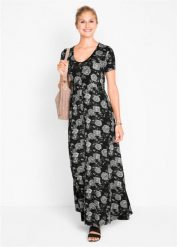 Długa sukienka shirtowa z krótkim rękawem. Czarne sukienki damskie bonprix, bez wzorów, z wiskozy, bez kołnierzyka, bez ramiączek, maxi. Za 147.99 zł.