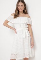 Biała Sukienka Hiszpanka z Ozdobnym Haftem i Paskiem w Talii Perenna. Białe sukienki damskie Born2be, na co dzień, l, bez wzorów, eleganckie, bez kołnierzyka, bez ramiączek, mini, kopertowe. Za 74.99 zł.