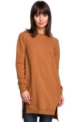 Karmelowa Długa Nierozpinana Bluza z Rozporkami. Brązowe bluzy damskie MOE, l, bez wzorów, z bawełny, bez ramiączek, bez kaptura. Za 249.90 zł.