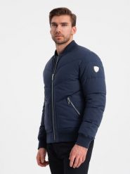 Kurtka męska bomberka pikowana z metalowymi zamkami - granatowa V2 OM-JALP-0143 - XXL. Niebieskie kurtki męskie Ombre Clothing, l, bez wzorów, bez kaptura. W wyprzedaży za 149.99 zł.