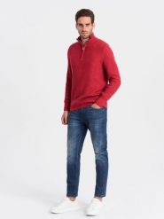 Męski dzianinowy sweter z rozpinaną stójką - czerwony V8 OM-SWZS-0105 - XXL. Czerwone swetry męskie Ombre Clothing, l, bez wzorów, z bawełny, bez kołnierzyka, bez ramiączek. W wyprzedaży za 89.99 zł.