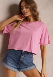 Jasnoróżowy T-shirt o Fasonie Cropped Oversize Brighta. Czerwone t-shirty damskie Renee, l, bez wzorów, eleganckie, bez kołnierzyka, bez ramiączek. Za 19.99 zł.