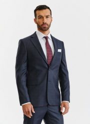 PAKO LORENTE – Granatowa marynarka garniturowa w bordową kratę Windowpane. Czerwone garnitury męskie Pako Lorente, bez wzorów, z wełny. Za 899.99 zł.