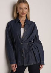 Granatowa Bawełniana Koszula ze Ściagaczami w Pasie Lennada. Niebieskie koszule damskie Born2be, l, bez wzorów, z bawełny, biznesowe, bez kołnierzyka, bez ramiączek. Za 119.99 zł.
