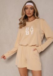 Beżowy Komplet Dresowy 2-Częściowy Bluza Krótsza i Luźne Spodenki Szorty Frania. Brązowe bluzy damskie Renee, m, bez wzorów, z dresówki, bez ramiączek, bez kaptura. Za 54.99 zł.