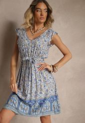 Niebieska Rozkloszowana Sukienka z Wiskozy z Wiązanym Paskiem Sepelise. Niebieskie sukienki damskie Renee, na spacer, m, bez wzorów, z wiskozy, eleganckie, bez kołnierzyka, bez ramiączek, mini, rozkloszowane. Za 39.99 zł.