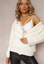 Jasnobeżowy Zasuwany Kardigan Wełniany z Kapturem Aniole. Białe kardigany damskie Renee, z aplikacjami, z jeansu, bez kołnierzyka. Za 159.99 zł.