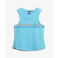 Damski tank top Superdry. Niebieskie topy damskie Superdry, bez wzorów, bez kołnierzyka, bez ramiączek. W wyprzedaży za 124.25 zł.