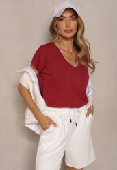 Bordowy T-shirt z Bawełny z Dekoltem w Serek Linithiela. Czerwone t-shirty damskie Renee, l, bez wzorów, z bawełny, bez kołnierzyka, bez ramiączek. Za 39.99 zł.