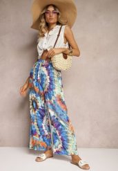 Niebieskie Wiskozowe Spodnie o Szerokim Kroju High Waist Tie Dye z Gumką w Talii Nalflea. Niebieskie spodnie materiałowe damskie Renee, bez wzorów, z jeansu, z podwyższonym stanem. Za 49.99 zł.