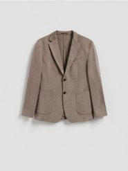 Marynarka slim fit z dodatkiem wiskozy - brązowy. Brązowe marynarki męskie Reserved, l, bez wzorów, z dzianiny, bez kołnierzyka, bez ramiączek. Za 199.99 zł.