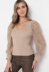 Beżowy Sweter z Bufiastym i Przezroczystym Rękawem Ottavio. Brązowe swetry nierozpinane damskie Born2be, s, bez wzorów, z koronki, bez kołnierzyka, bez ramiączek. Za 109.99 zł.