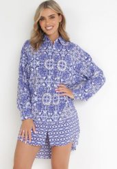Niebieska Koszulowa Sukienka w Fantazyjny Print Kamilani. Niebieskie sukienki damskie Born2be, m, bez wzorów, klasyczne, bez kołnierzyka, bez ramiączek, mini, koszulowe. Za 129.99 zł.