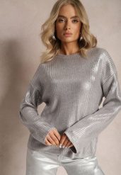 Srebrny Metaliczny Sweter z Długim Rękawem Vivalei. Szare swetry nierozpinane damskie Renee, m, bez wzorów, z dzianiny, casualowe, bez kołnierzyka, bez ramiączek. Za 119.99 zł.