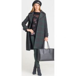 PŁASZCZ ARMANI EXCHANGE W KRATĘ. Czarne płaszcze damskie Armani Exchange, l, z aplikacjami, bez kołnierzyka, bez kaptura. Za 734.50 zł.