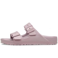 Klapki Birkenstock Arizona Eva Damskie. Fioletowe klapki damskie Birkenstock, bez wzorów, z materiału, bez obcasa, bez zapięcia. Za 279.10 zł.