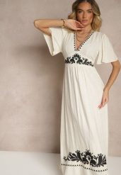 Beżowa Sukienka z Wiskozą Lnem i Haftowanym Wzorem Roniae. Brązowe sukienki damskie Renee, na co dzień, m, bez wzorów, z wiskozy, eleganckie, bez kołnierzyka, bez ramiączek, maxi. Za 119.99 zł.