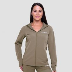 Kurtka damska bieganie z kapturem Pulse Vetiver. Zielone kurtki sportowe damskie GYMBEAM, xl, bez wzorów, z elastanu, bez ramiączek, z kapturem, do biegania. Za 168.90 zł.