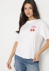 Biały T-shirt z Bawełną Cyrkoniami i Motywem Wiśni Linmira. Białe t-shirty damskie Born2be, m, bez wzorów, z bawełny, eleganckie, bez kołnierzyka, bez ramiączek. Za 69.99 zł.