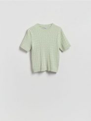 Sweter ze strukturalnym splotem - jasnozielony. Zielone swetry nierozpinane damskie Reserved, l, bez wzorów, z dzianiny, bez kołnierzyka, bez ramiączek. Za 89.99 zł.