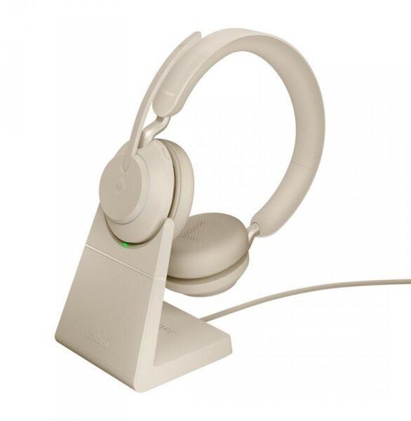 Słuchawki nauszne bezprzewodowe Jabra Evolve2 65 MS stereo Link380a, beige + stand. Brązowe słuchawki bezprzewodowe JABRA. Za 958.99 zł.