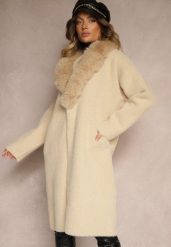 Beżowy Płaszcz z Dzianiny z Wełną Zdobiony Odpinanym Futrem Veliti. Brązowe płaszcze damskie Renee, l, z aplikacjami, z dzianiny, eleganckie, bez kołnierzyka, bez kaptura. Za 279.99 zł.