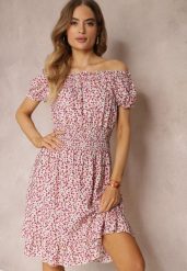 Biało-Czerwona Bawełniana Sukienka z Gumką w Talii o Fasonie Hiszpanki Jazmi. Białe sukienki damskie Renee, na co dzień, l, z aplikacjami, z bawełny, eleganckie, bez kołnierzyka, bez ramiączek, midi, kopertowe. Za 39.99 zł.