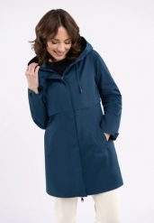 Prosty, krótki płaszcz J-ANJA. Niebieskie płaszcze damskie Volcano, plus size, bez wzorów, z materiału, klasyczne, bez kołnierzyka, z kapturem. Za 359.99 zł.